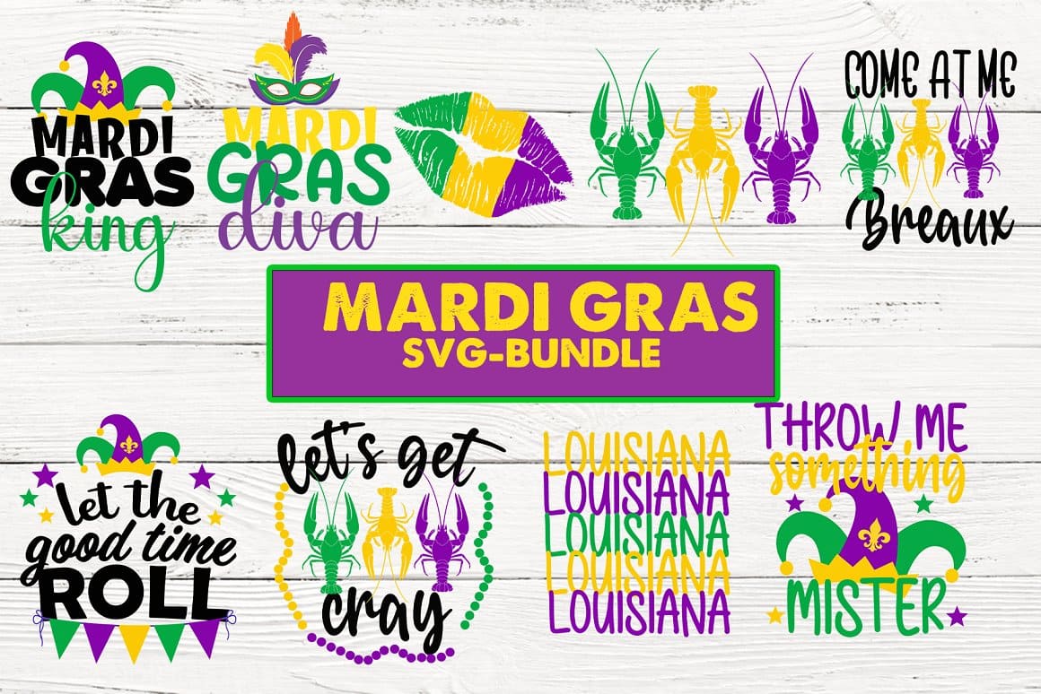 Inscriptions and colored crayfish in purple, yellow and green.