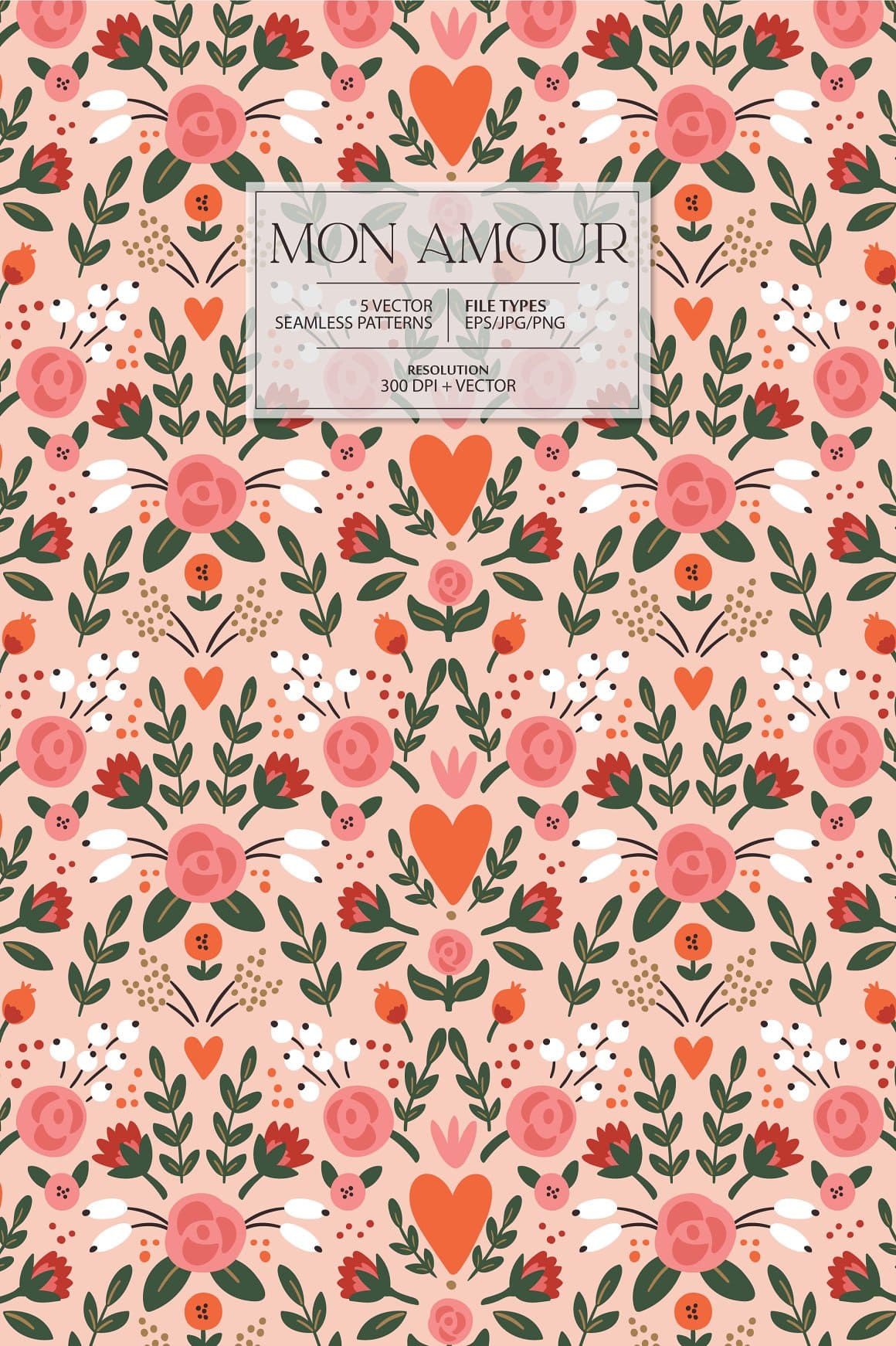 5 vector seamless patterns of Mon amour pattern.