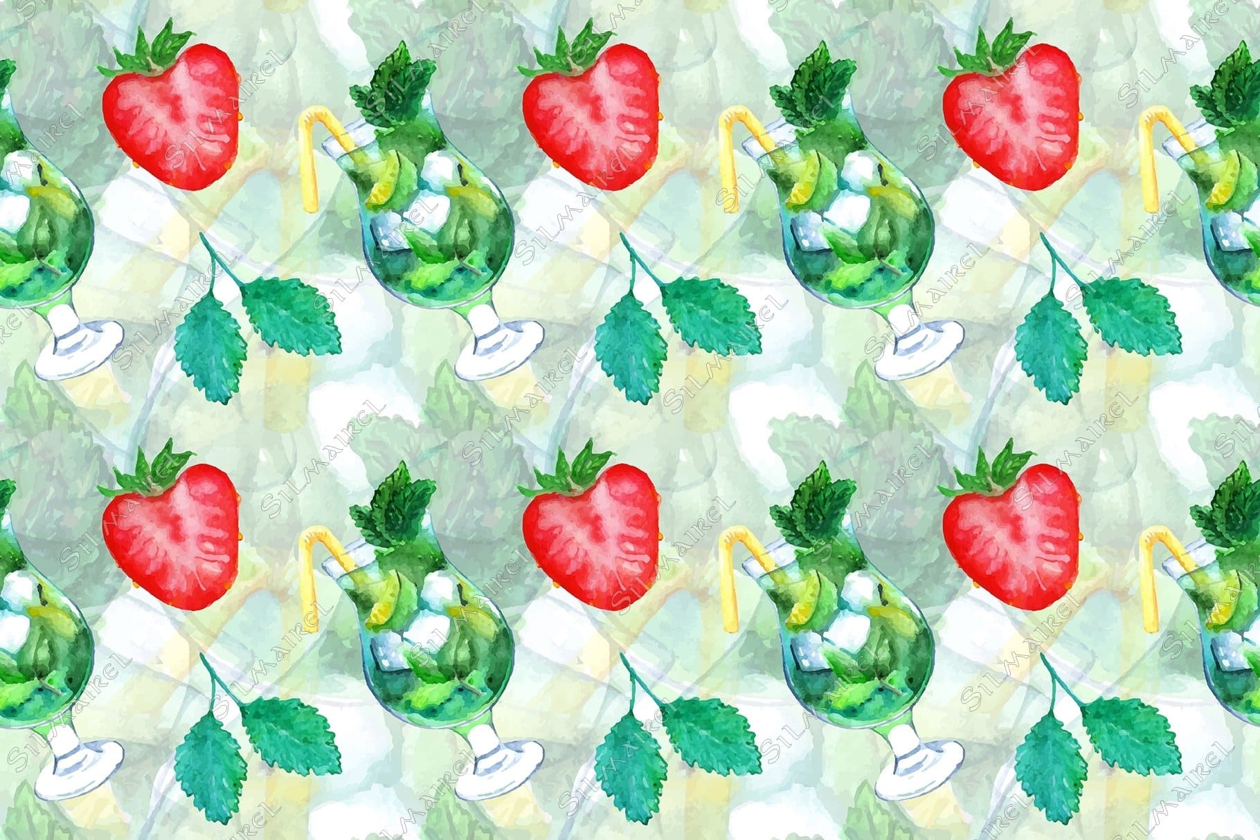 Background of mojito color with the image of strawberries and mint leaves.