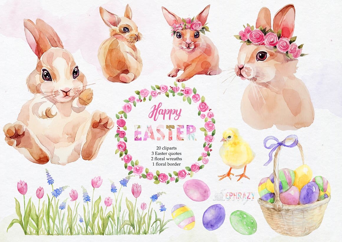 Easter bunnies are decorated with flower wreaths.