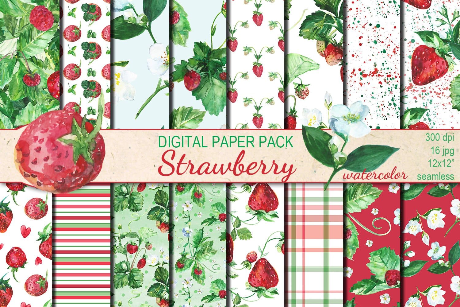 Watercolor Strawberry Seamless Digital Paper Pack.