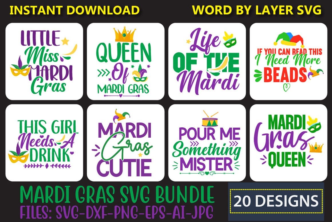 20 designs of Mardi Gras SVG Bundle.
