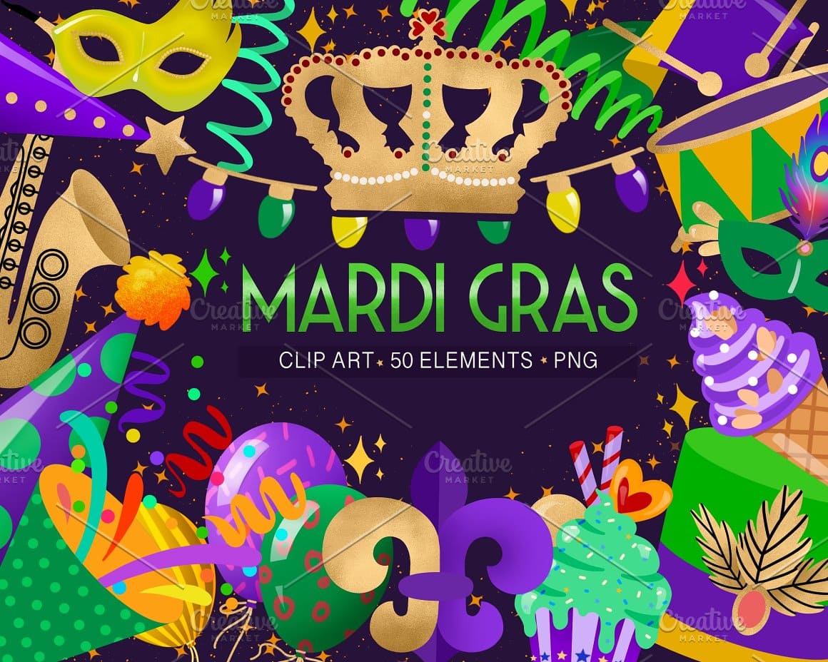 Mardi Gras hats and balloons on a purple background.