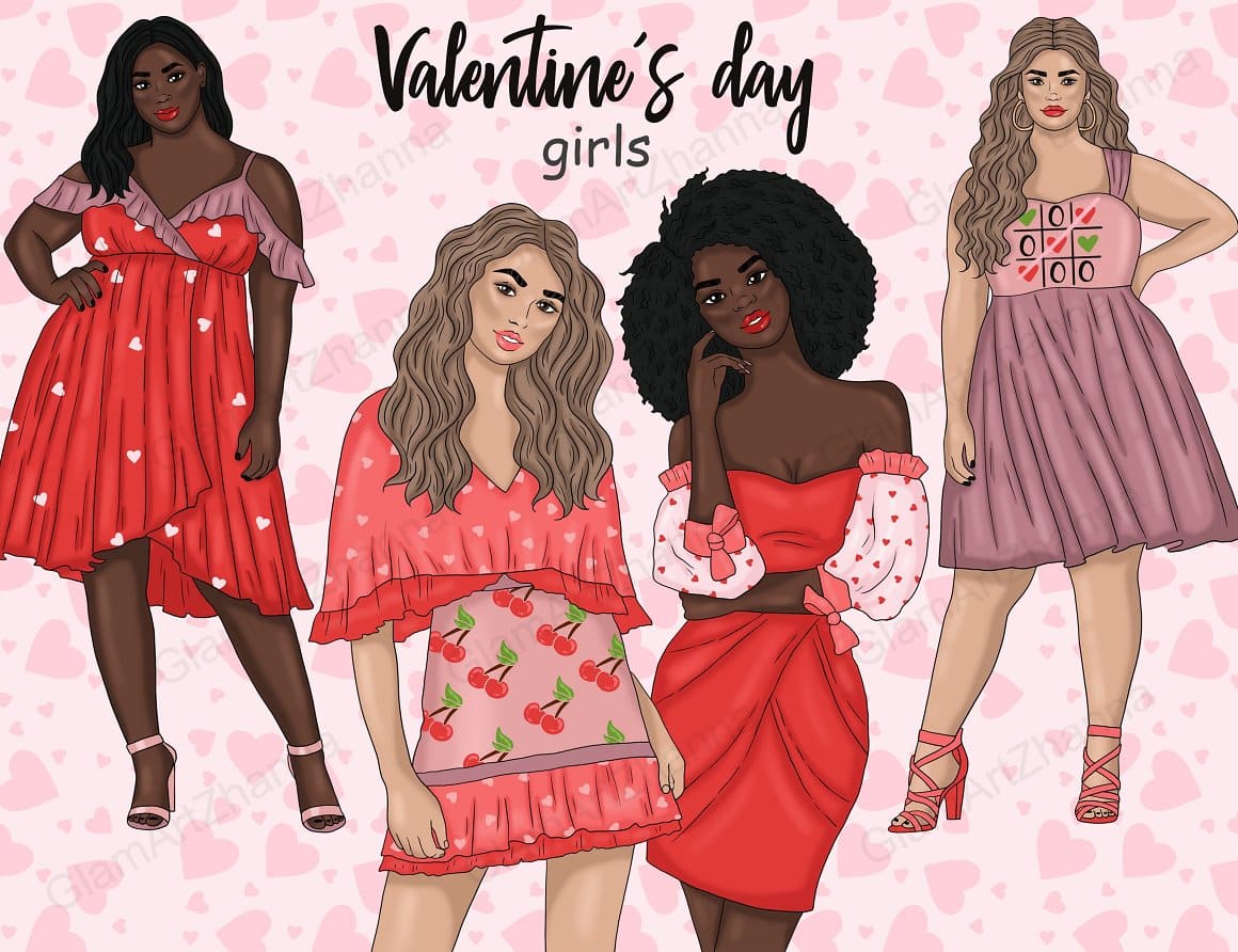 Girls with different figures are dressed in festive dresses for Valentine's Day.