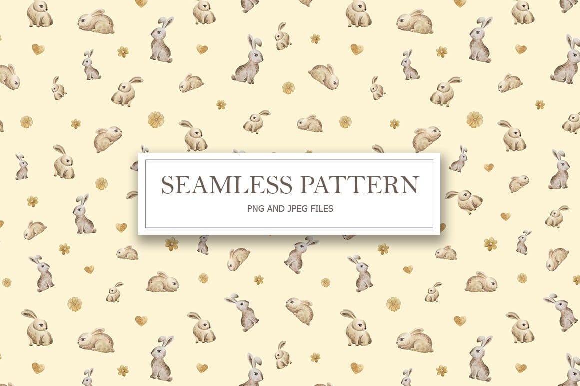 Small rabbits are drawn on a beige background.