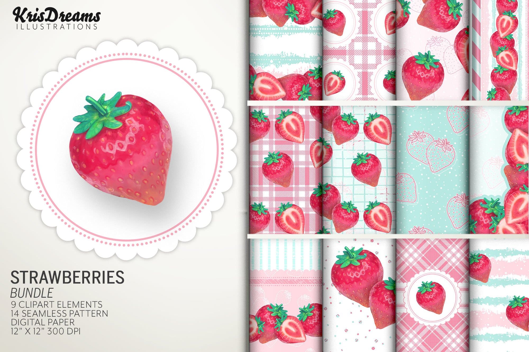 Strawberry Clipart and Digital Paper Graphics Bundle.
