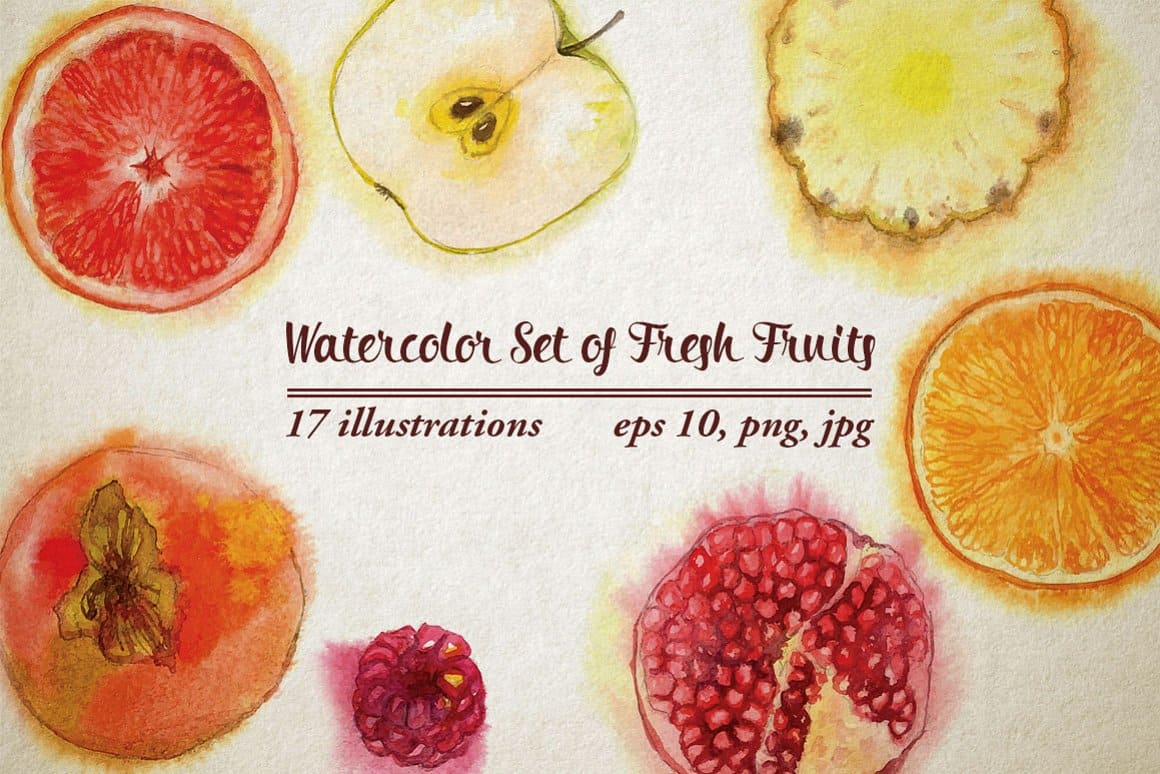 Watercolor Set of Fresh Fruits.