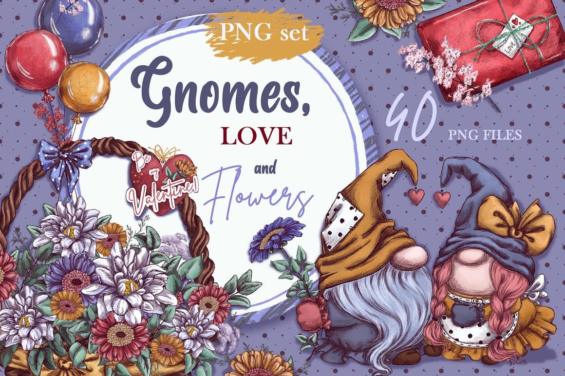 The celebration of Valentine's Day will be picturesque with patterns of gnomes, flowers and love.