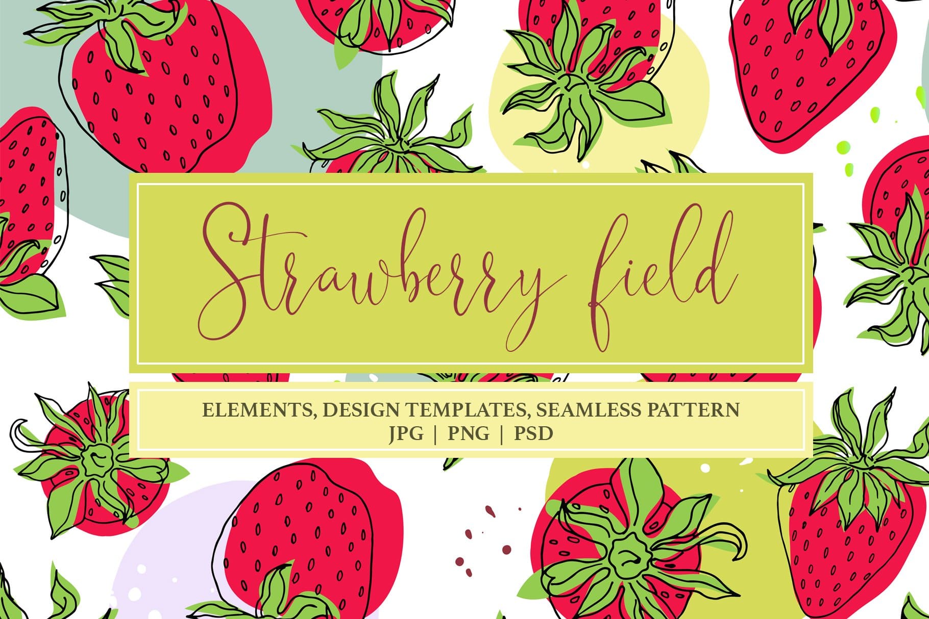 Strawberry field elements, design templates, seamless patterns.
