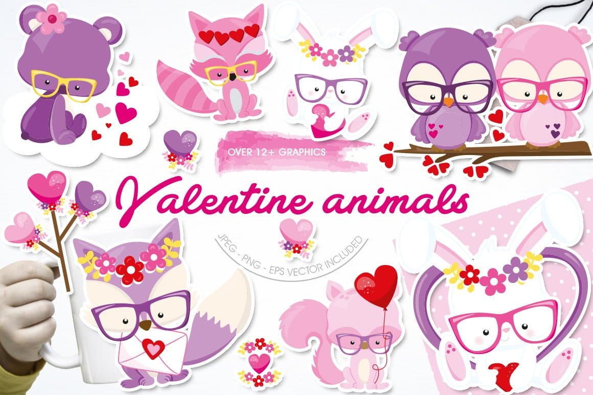 Painted cartoon animals for Valentine's Day.