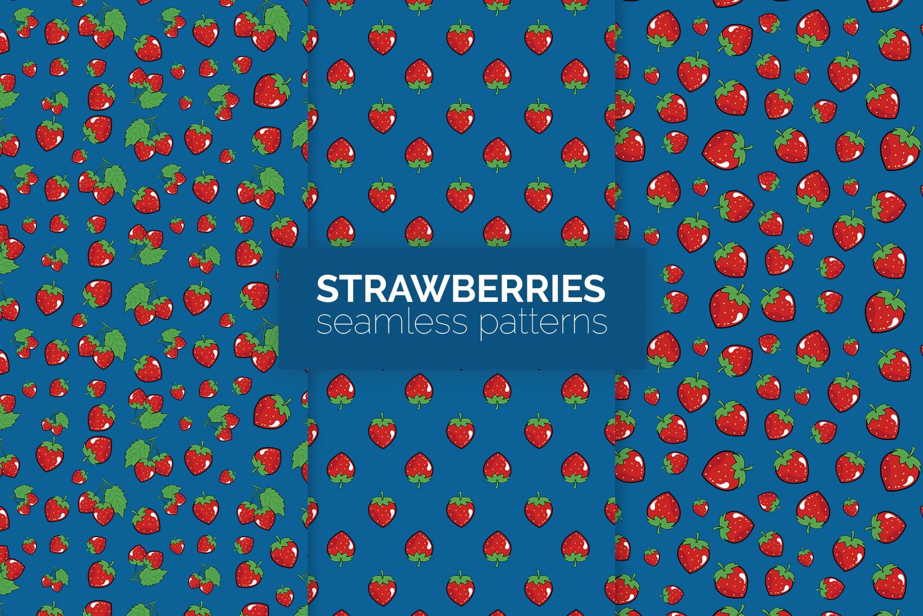 Pattern of red strawberries with green leaves on a blue background.