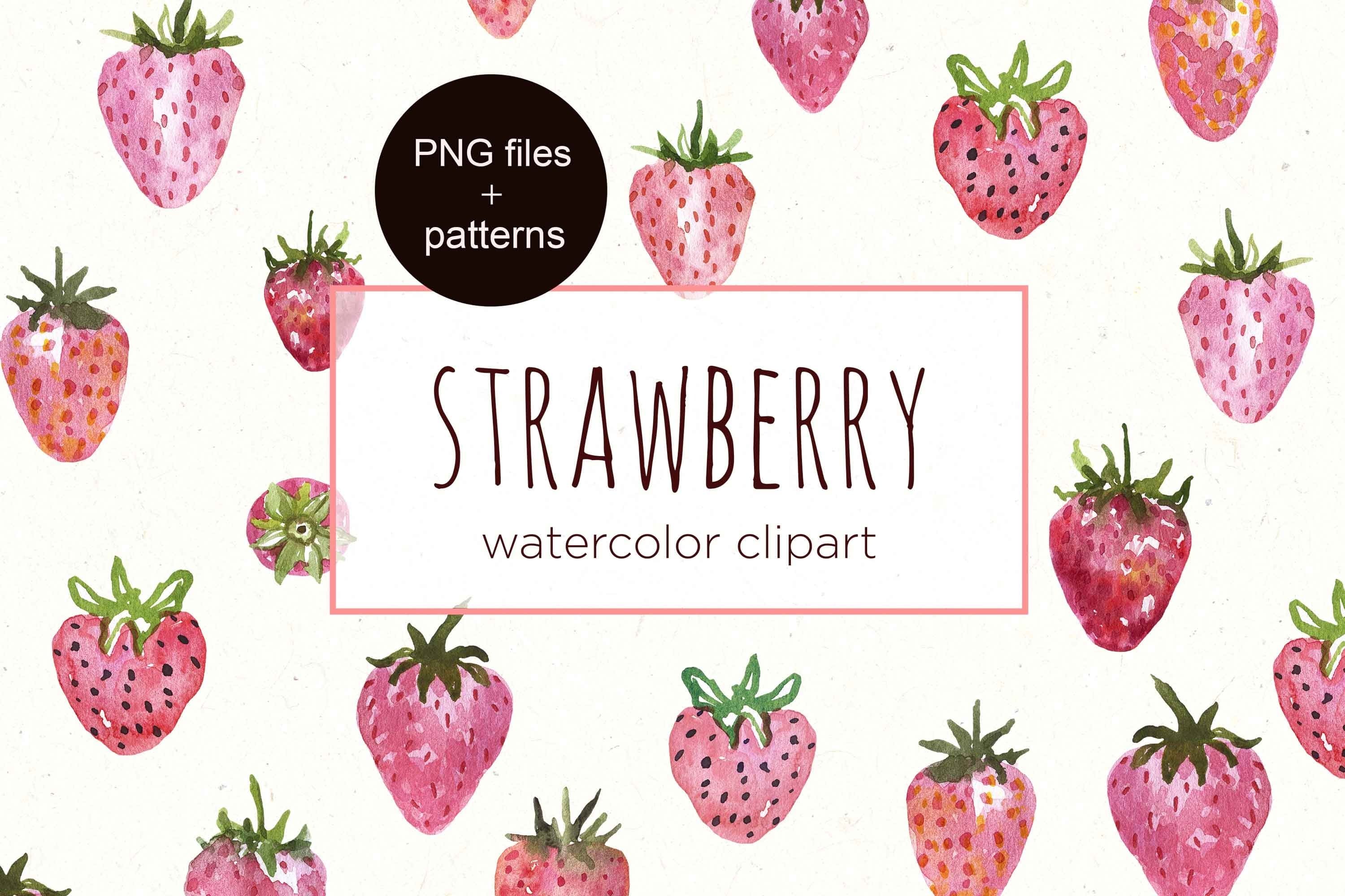 Single strawberries are drawn in watercolor with sepals.