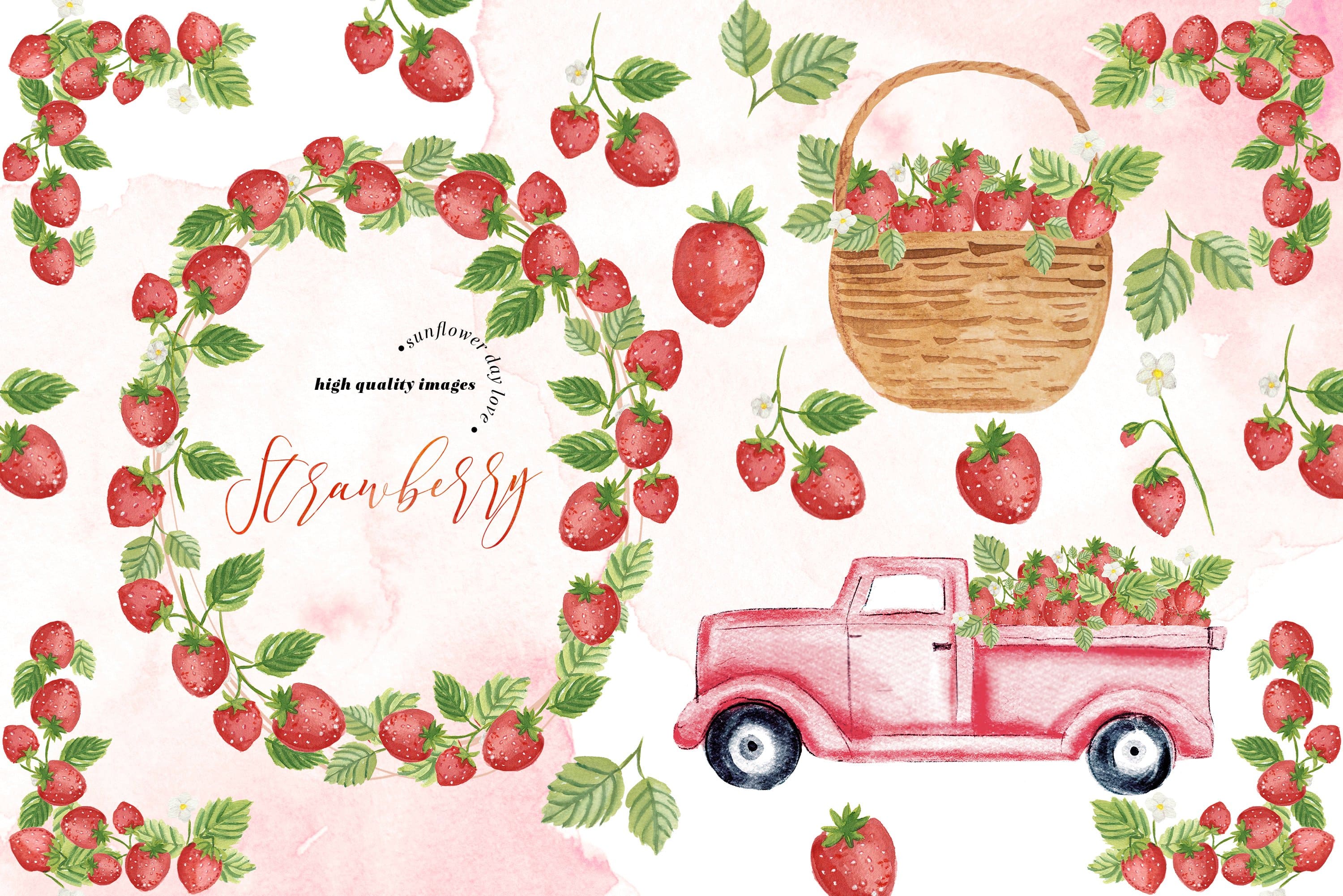 Summer Strawberry Clipart, Watercolor Strawberry Clipart.