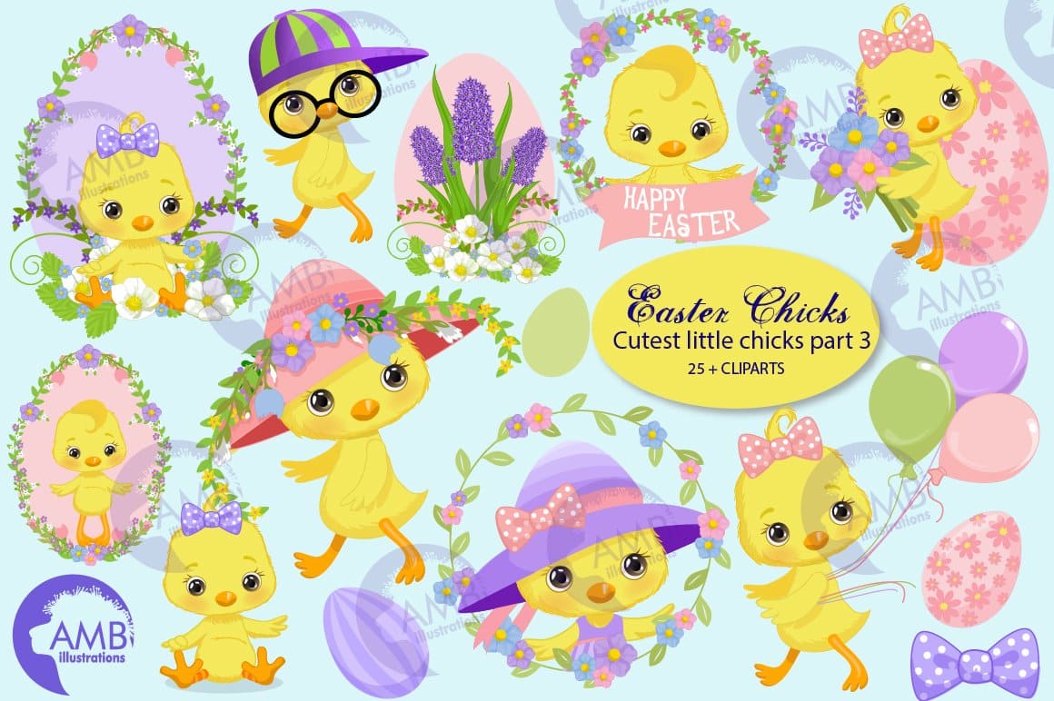 Yellow chickens with bows, hats on Easter pattern.