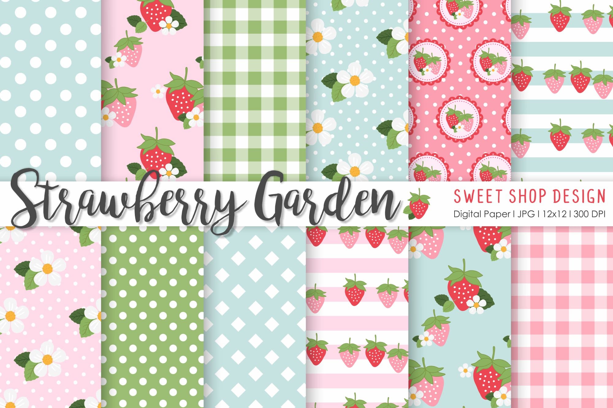 Digital Paper STRAWBERRY GARDEN, 12x12, Set of 12 Papers.