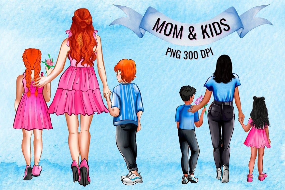 Two mothers with children, one dark-haired, the other red-haired.