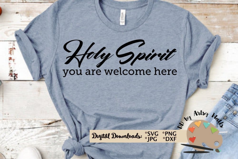 Gray women's t-shirt with the inscription "Holy spirit you are welcome here".