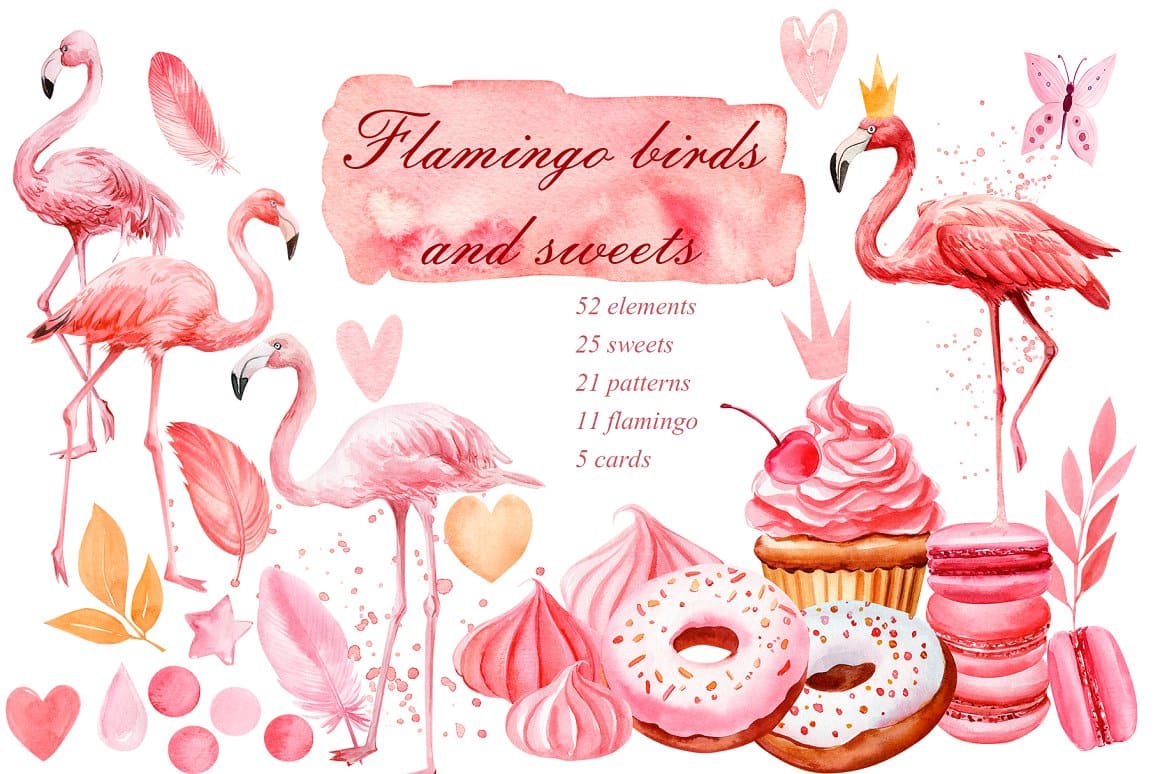 52 elements of Flamingo Birds and Sweets.