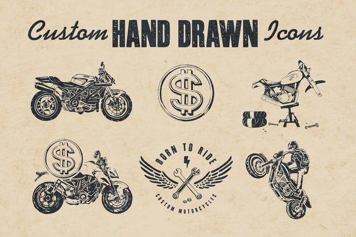 Custom Hand-drawn Motorcycle Set.