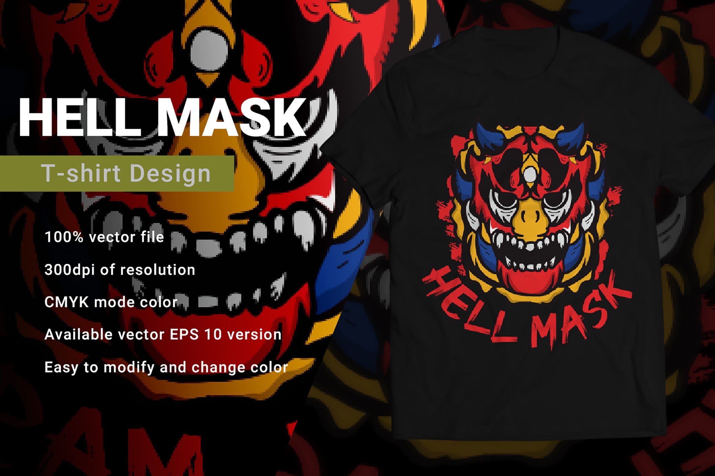 Black T-shirt with color Design "Hell Mask".