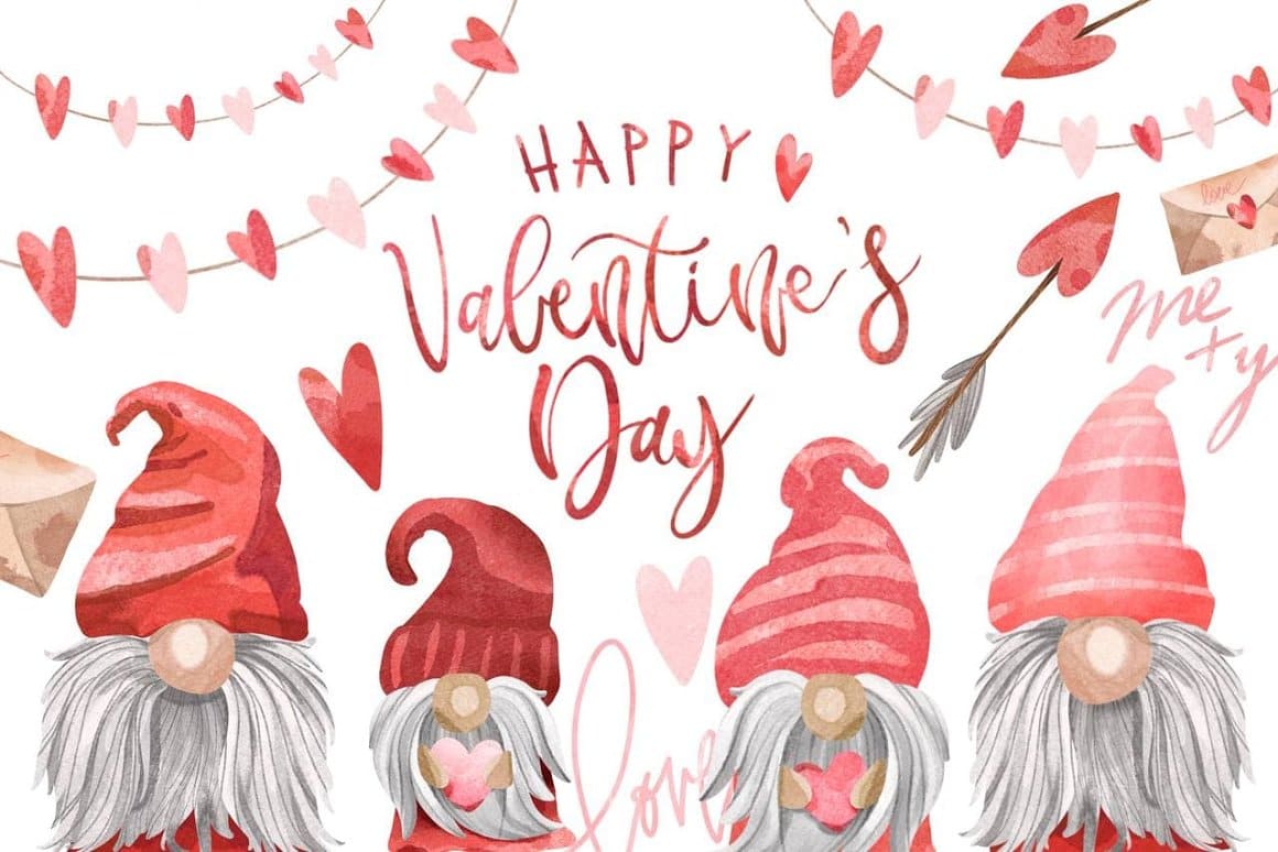 Image of red watercolor gnomes with round noses and the inscription "Happy Valentine's Day".
