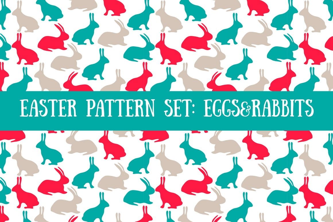 Patterns with the image of white, blue and pink rabbits.