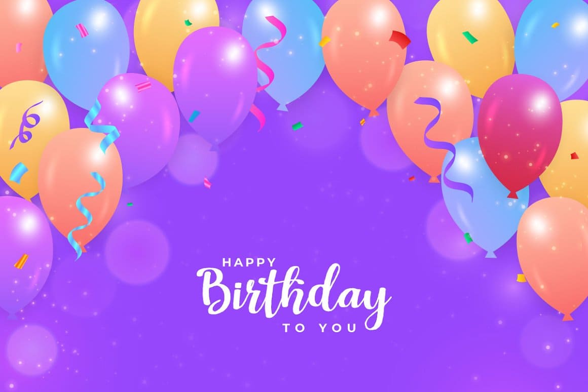 Colored balloons and streamers are drawn on a purple background to create a festive atmosphere for the birthday.