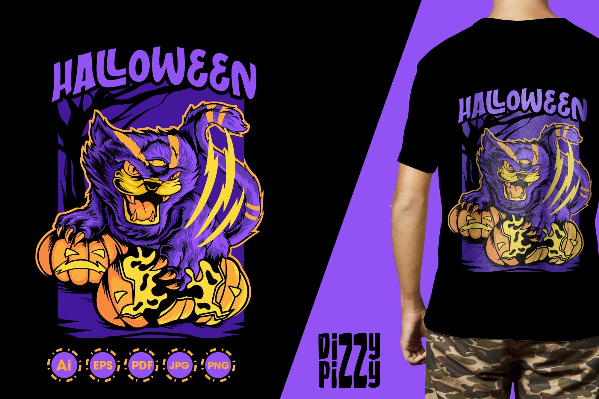 Purple Halloween cat with a third eye on a black background and on a t-shirt.