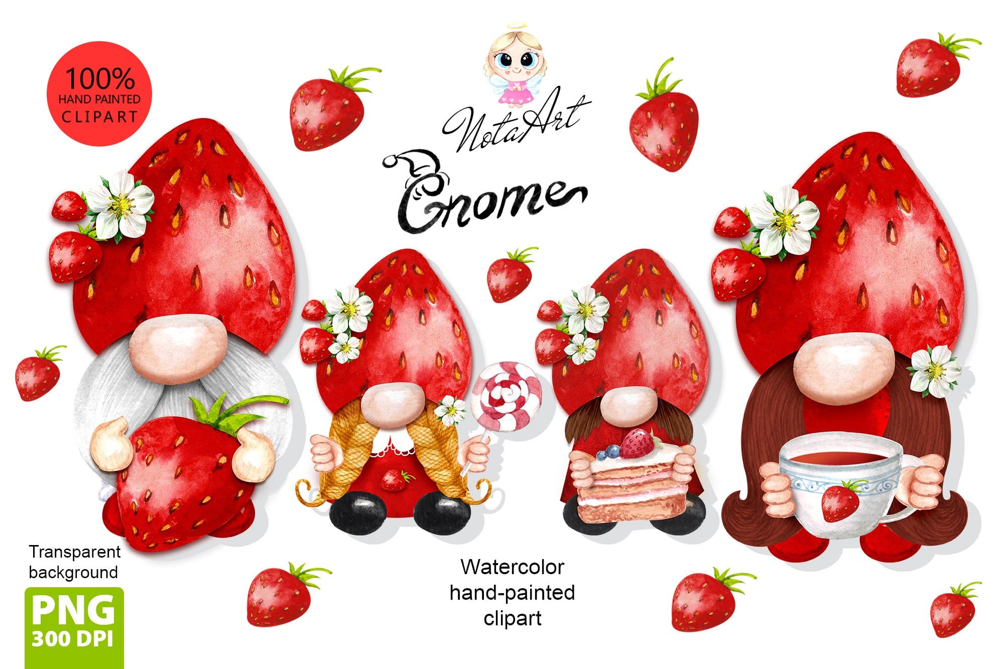 Gnome and strawberries on the transparent background.