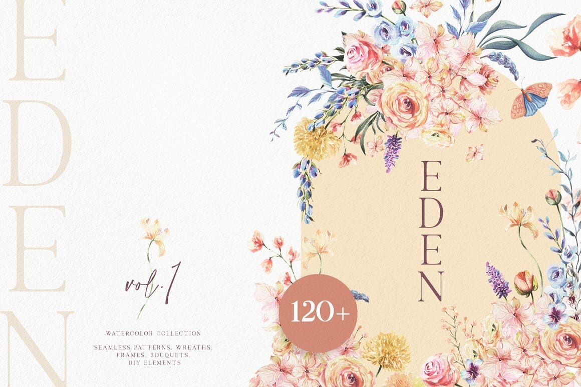 Watercolor collection, seamless, patterns, wreaths, frames, bouquets, diy elements.
