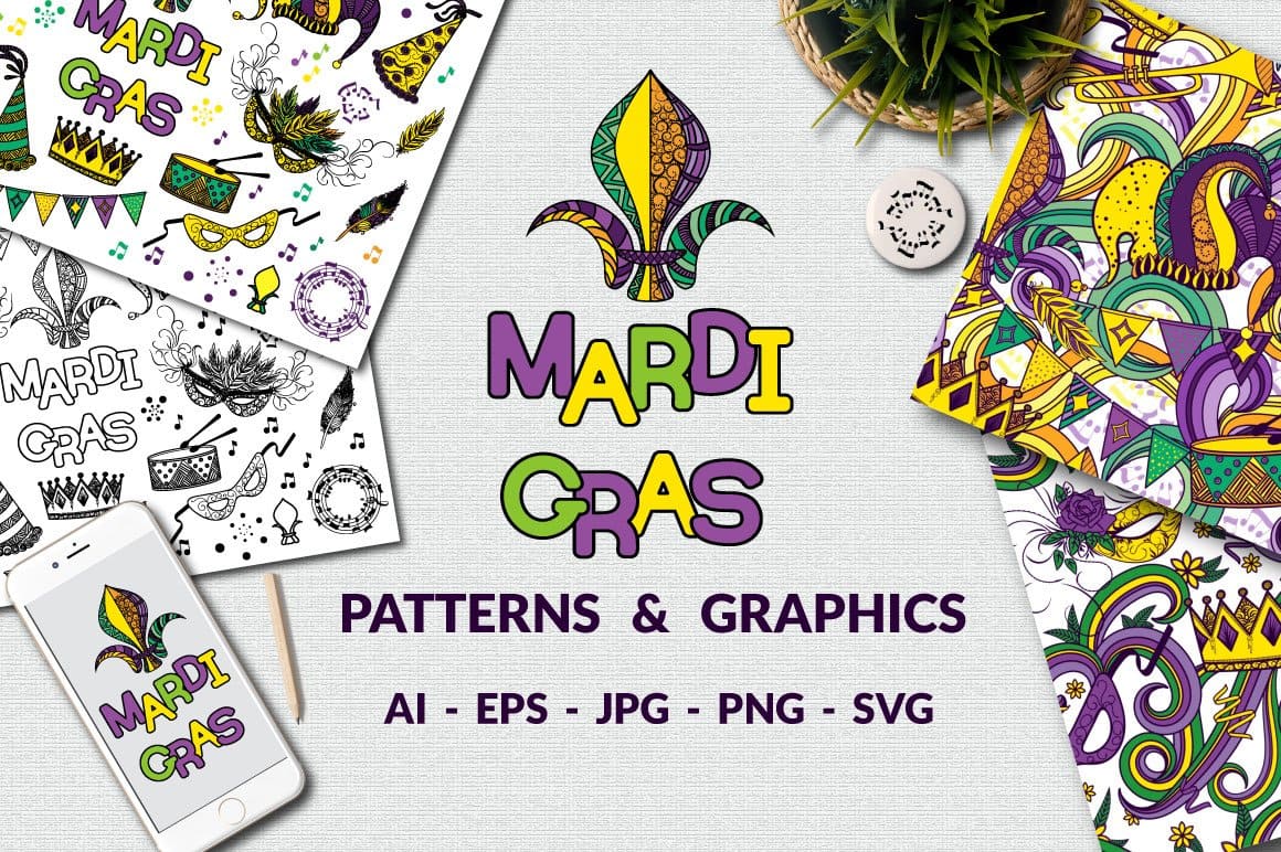 Mardi Gras patterns and graphics.