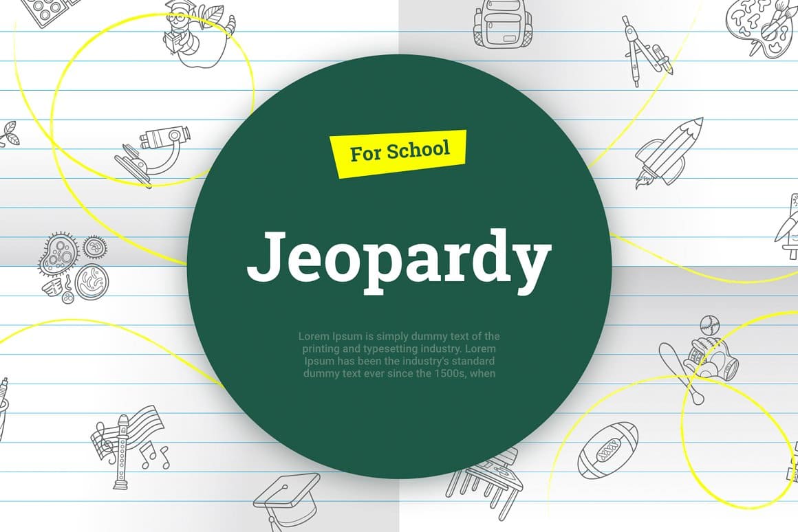 A green round logo with the word "Jeopardy" and a yellow rectangle with the word "For School".