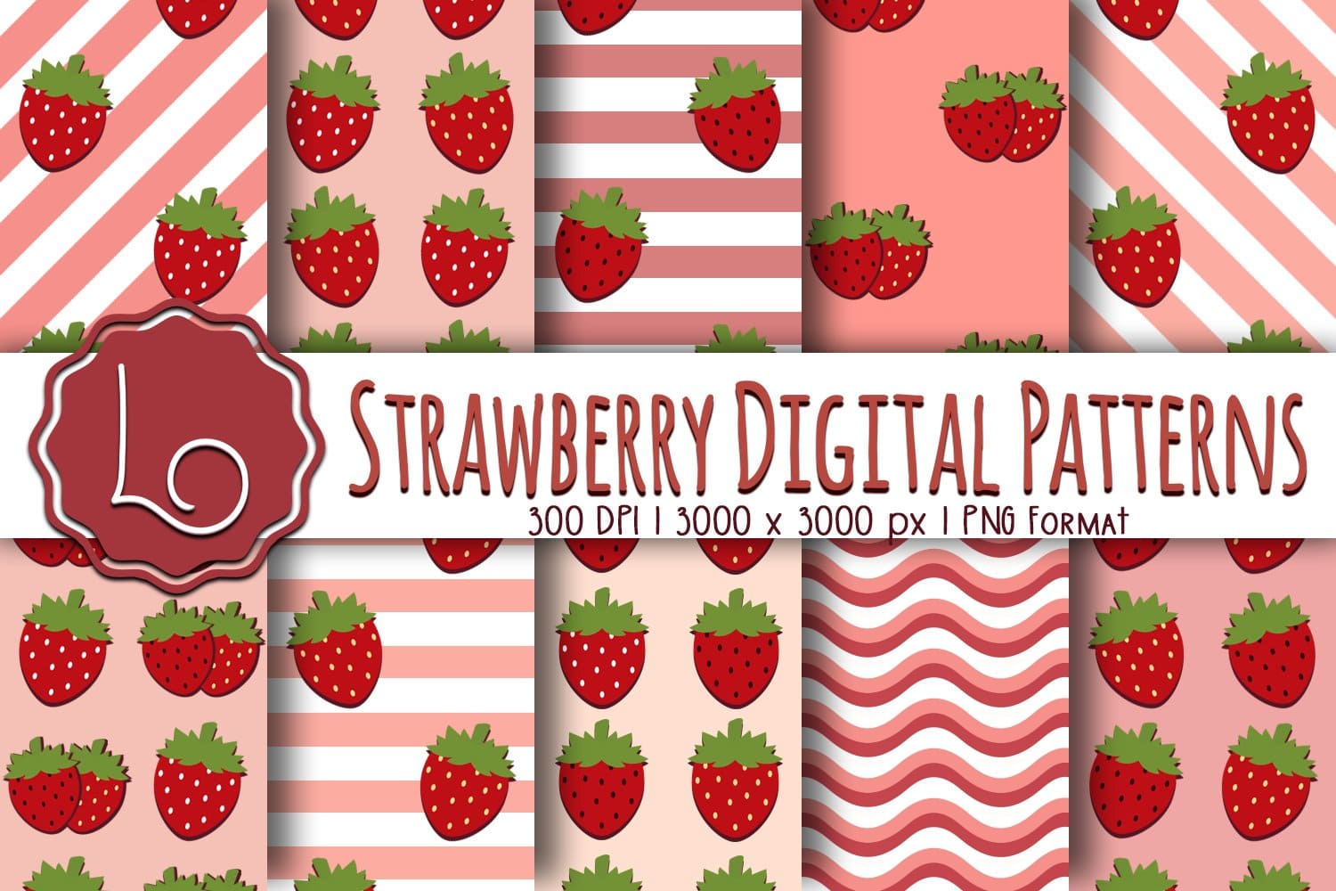Strawberry digital pattern on geometric or uniform backgrounds.
