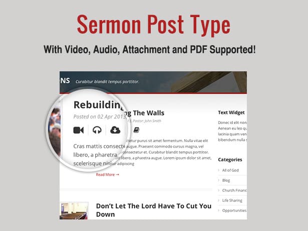 Sermon post type with vis=deo, audio, attachment and PDF Supported.