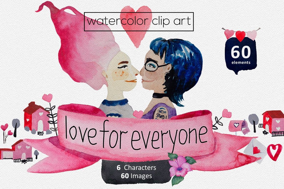 60 elements of watecolor clipart "Love for everyone".