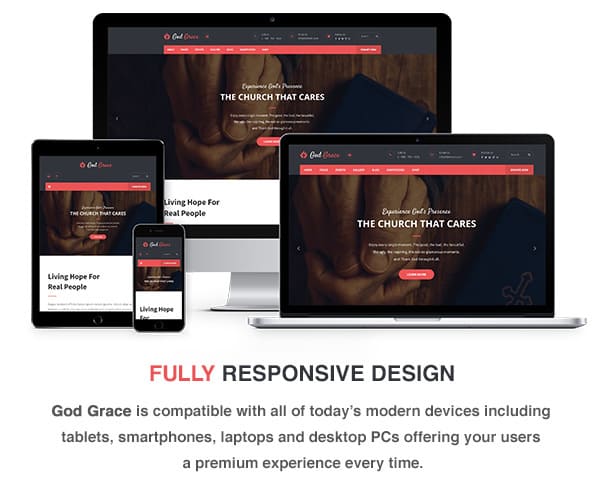 Fully responsive design of God Grace: Church WordPress Theme.