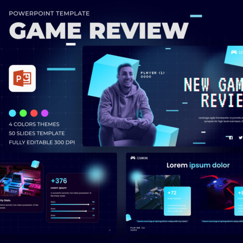 Illustrations with game review powerpoint template.