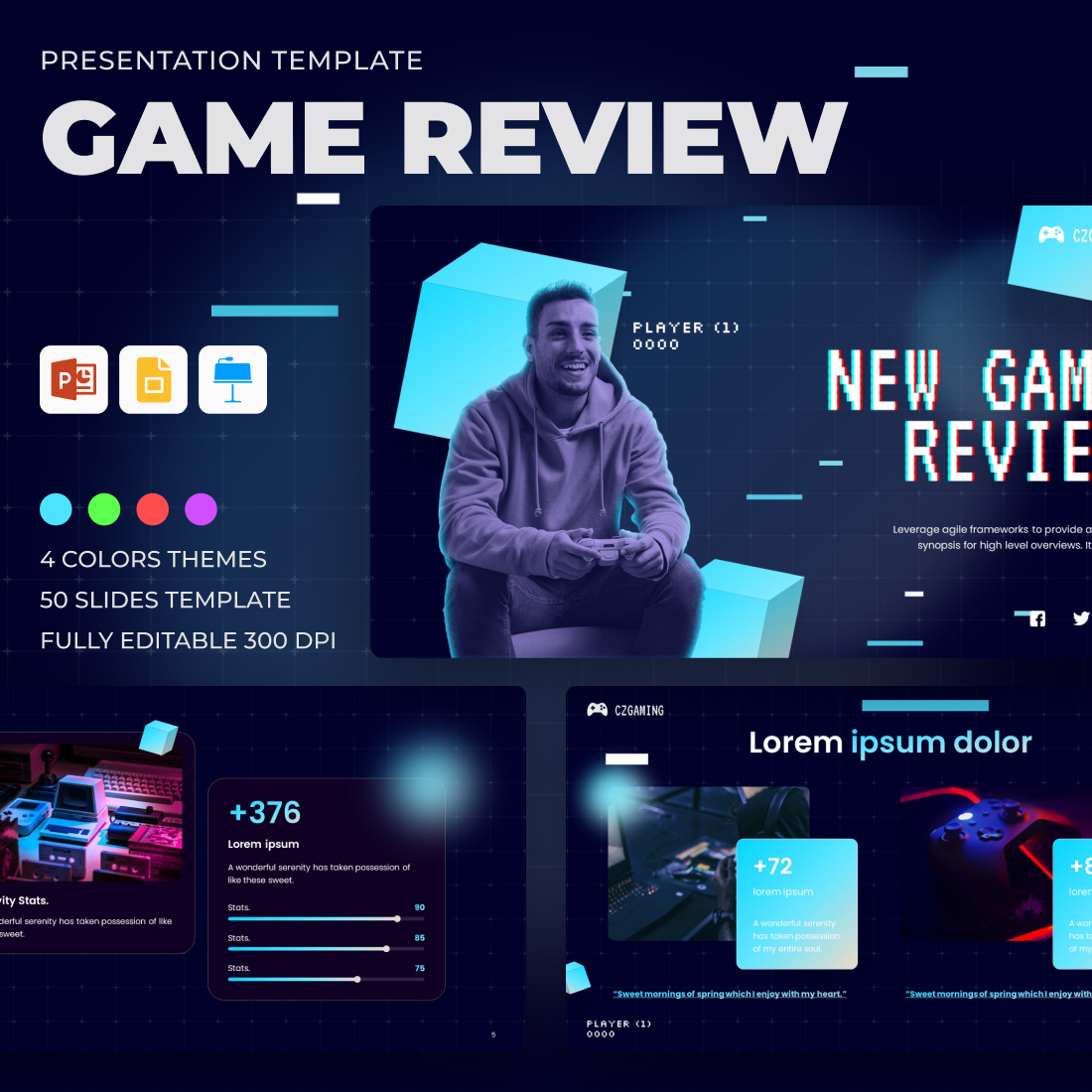 Illustrations with game review presentation template.
