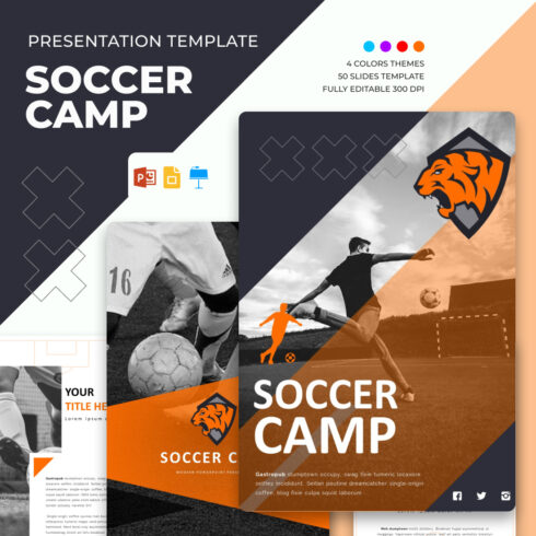 Illustrations of soccer camp presentation template.