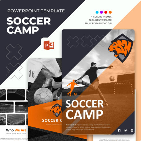 Illustrations slides soccer match powerpoint template.