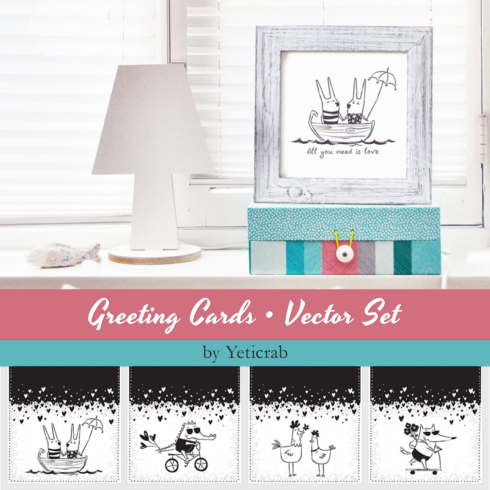 Illustrations with greeting cards vector set.