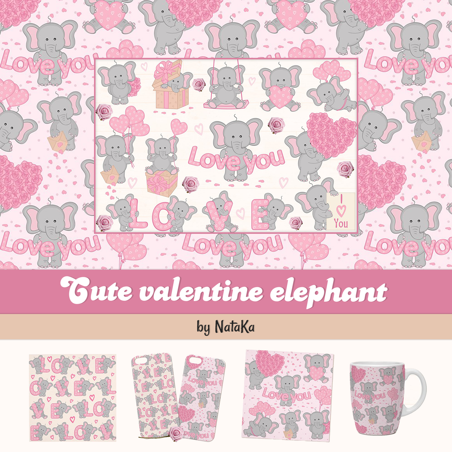 Illustrations with sute valentine elephant.