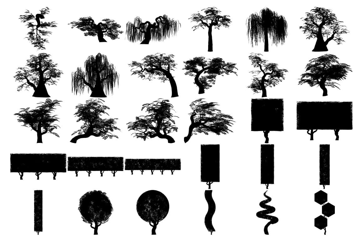 Trees in the form of geometric shapes and a more realistic representation of trees.