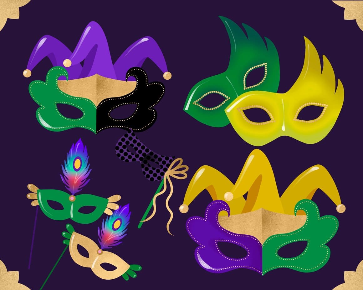 Carnival masks in green, gold and yellow colors.