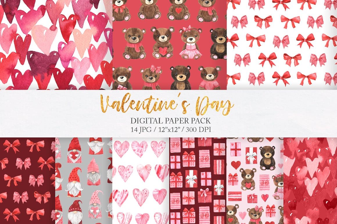 Romantic patterns for Valentine's Day with the image of little bears.