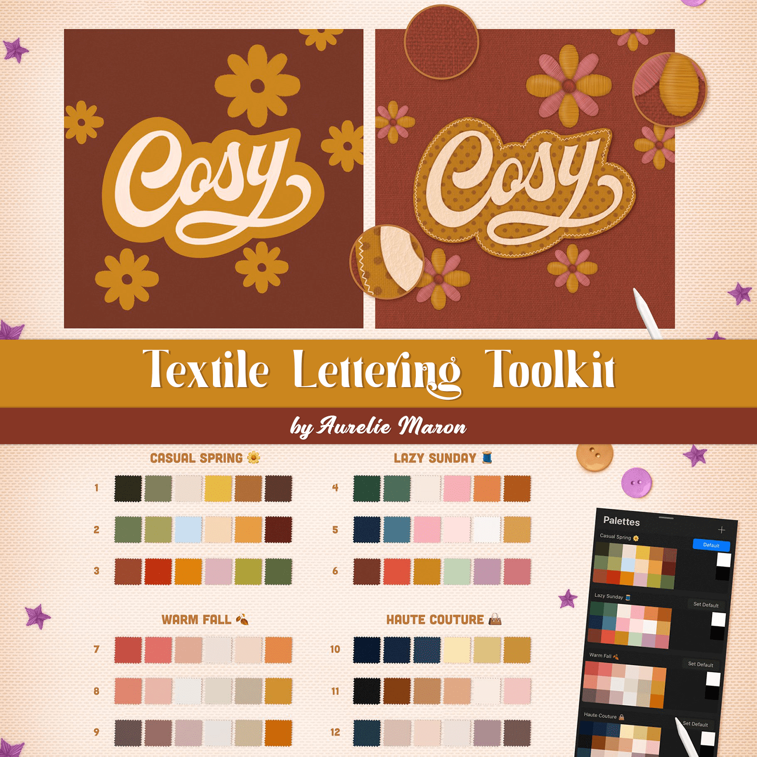 Textile letters with the names of the colors "Casual spring", "Warm fall" and etc.