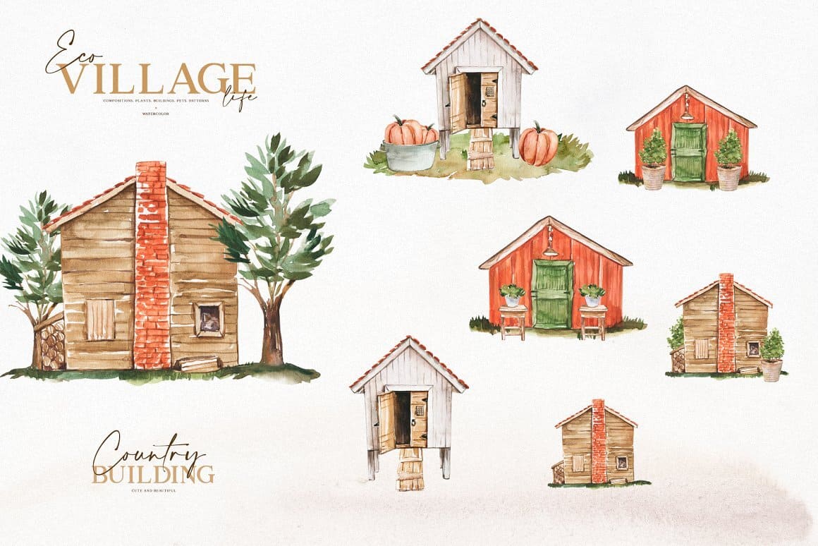 Watercolor illustrations of rural houses.