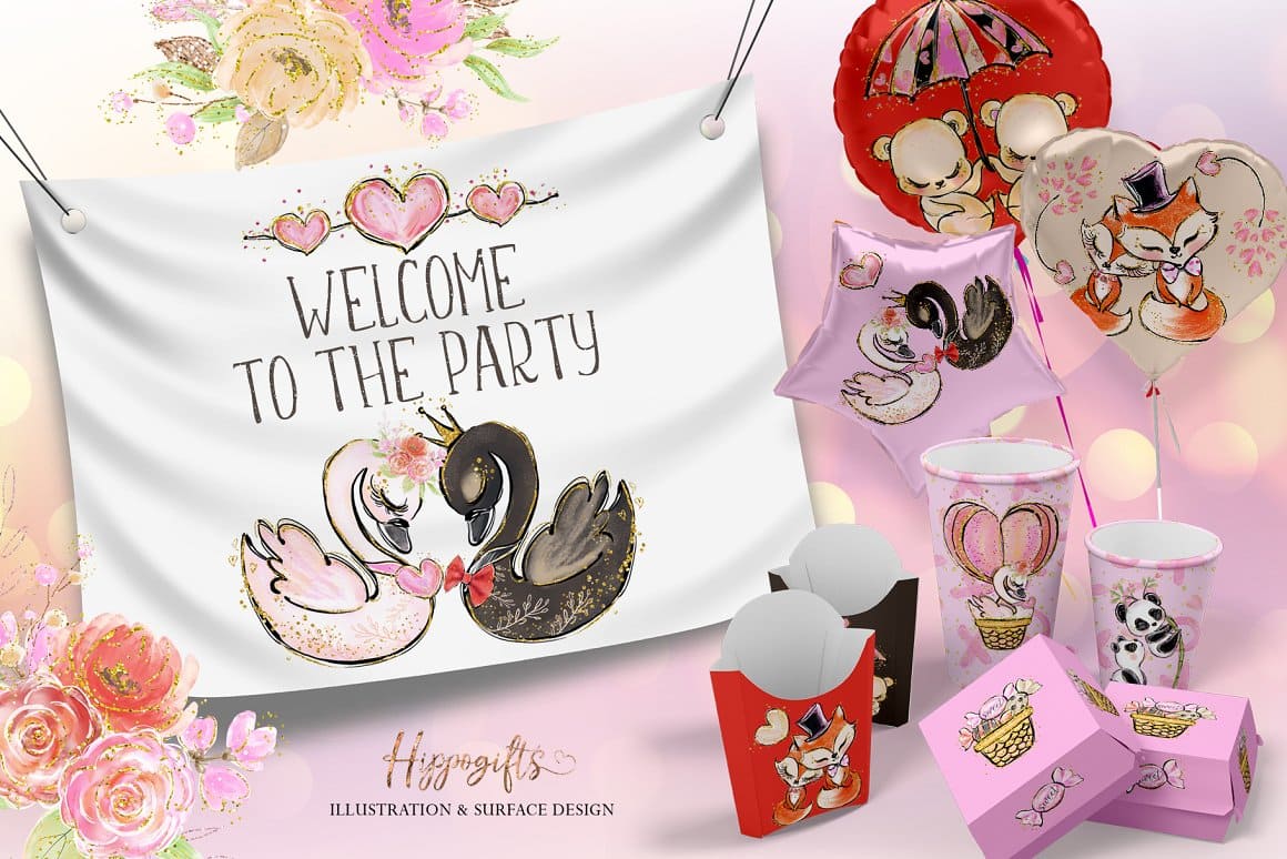 The inscription on the poster "Welcome to the party" and the image of swans in love.