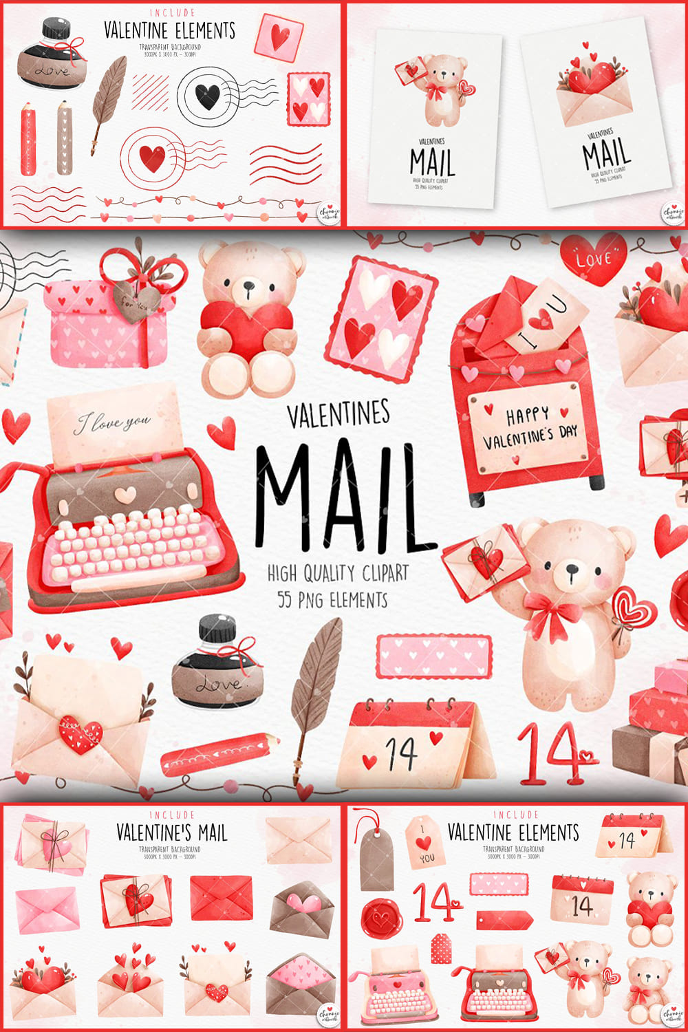 55 items from Valentine mail with red hearts and bears.