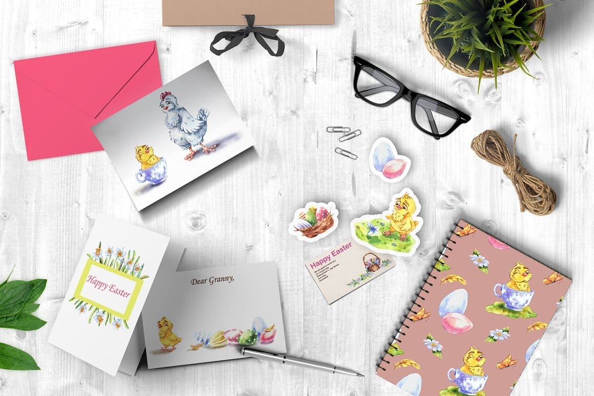 Flyers, business cards and a notebook on the theme of Happy Easter.